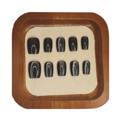 Uñas Press-On Semicuadradas Efecto Ojo de Gato Obsidiana