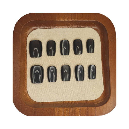 Uñas Press-On Semicuadradas Efecto Ojo de Gato Obsidiana