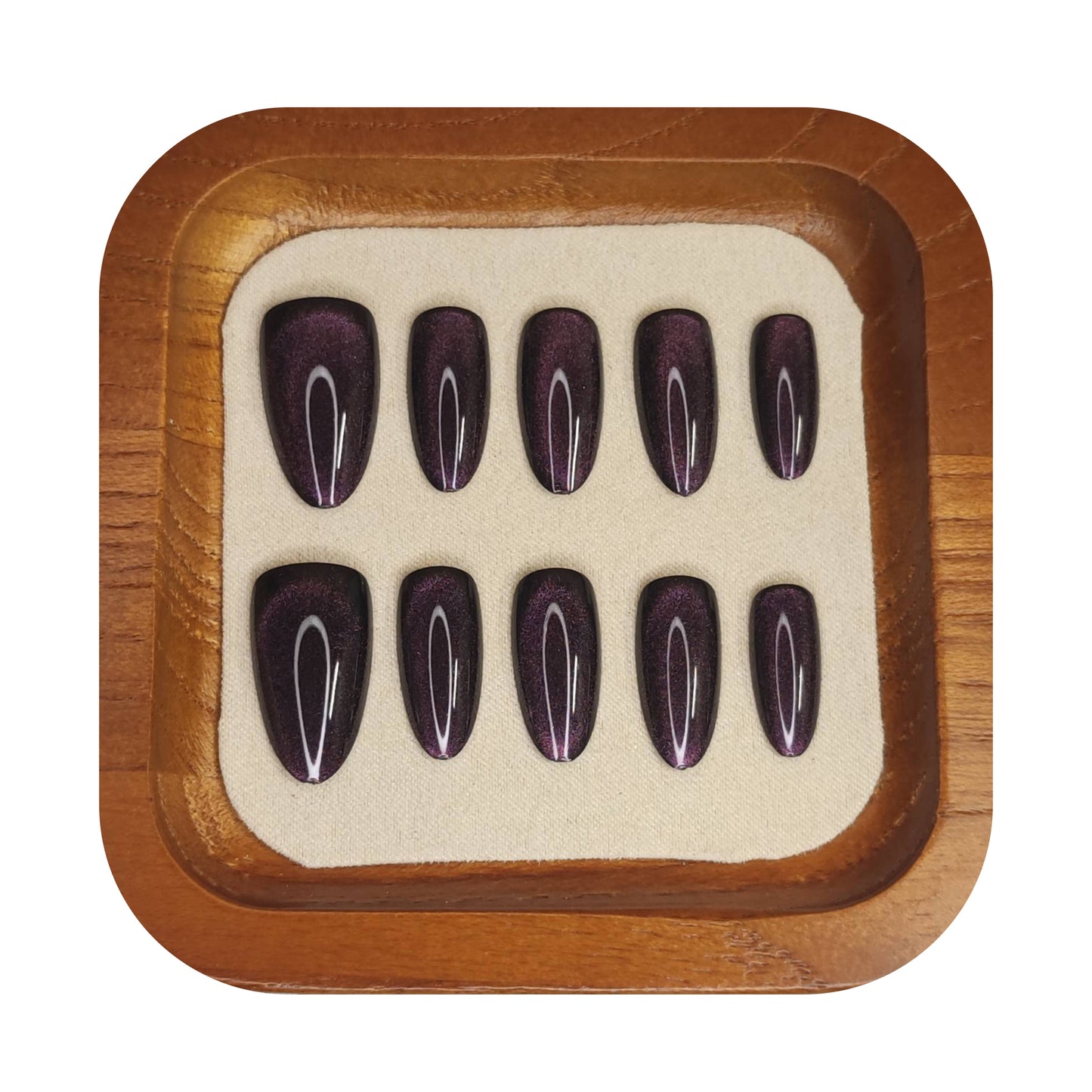 Uñas Press-On Almendradas Efecto Ojo de Gato Morado