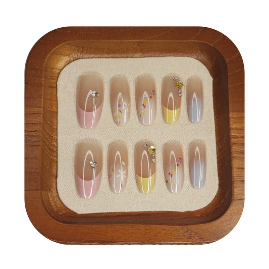 Uñas Press-On Almendradas con Diseño Multicolor