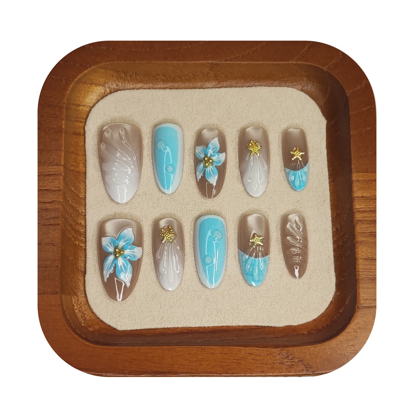 Uñas Press-On Almendradas con Diseño Mar