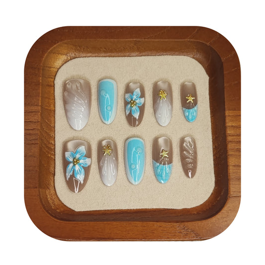 Uñas Press-On Almendradas con Diseño Mar