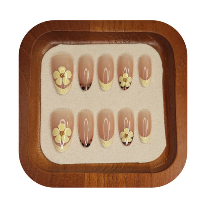 Uñas Press-On Almendradas con Diseño Flores Amarillas