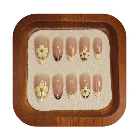 Uñas Press-On Almendradas con Diseño Flores Amarillas
